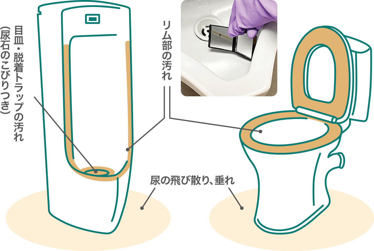 目皿・脱着トラップの汚れ、リム部の汚れ、尿の飛び散り・垂れのイラスト